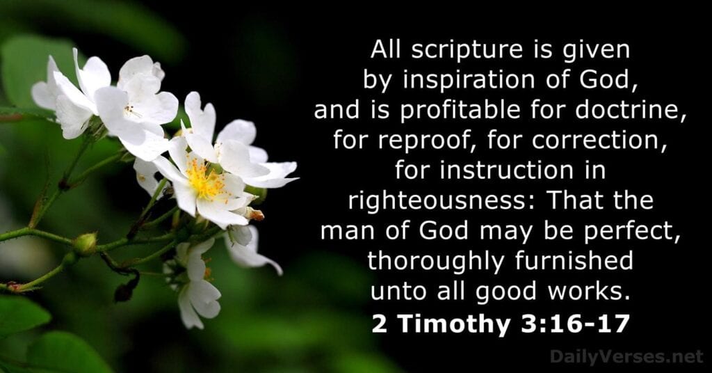 A white flower with the bible verse 2 timothy 3 : 1 9 on it.