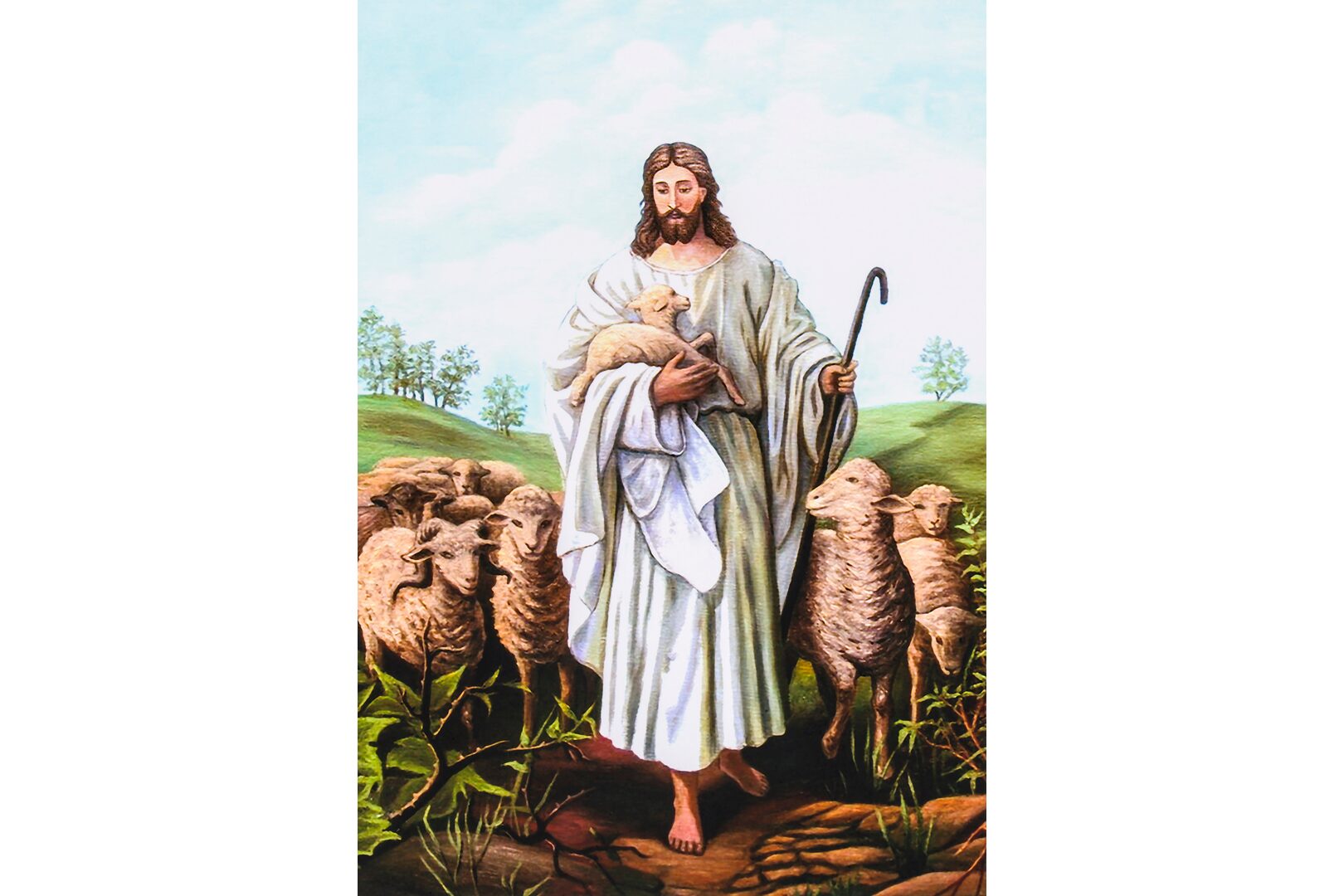 A painting of jesus with sheep in the background.