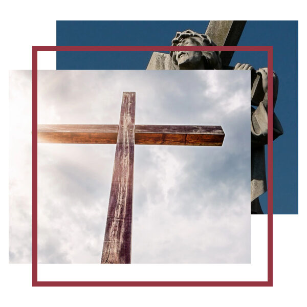 A cross is in the middle of two photos.